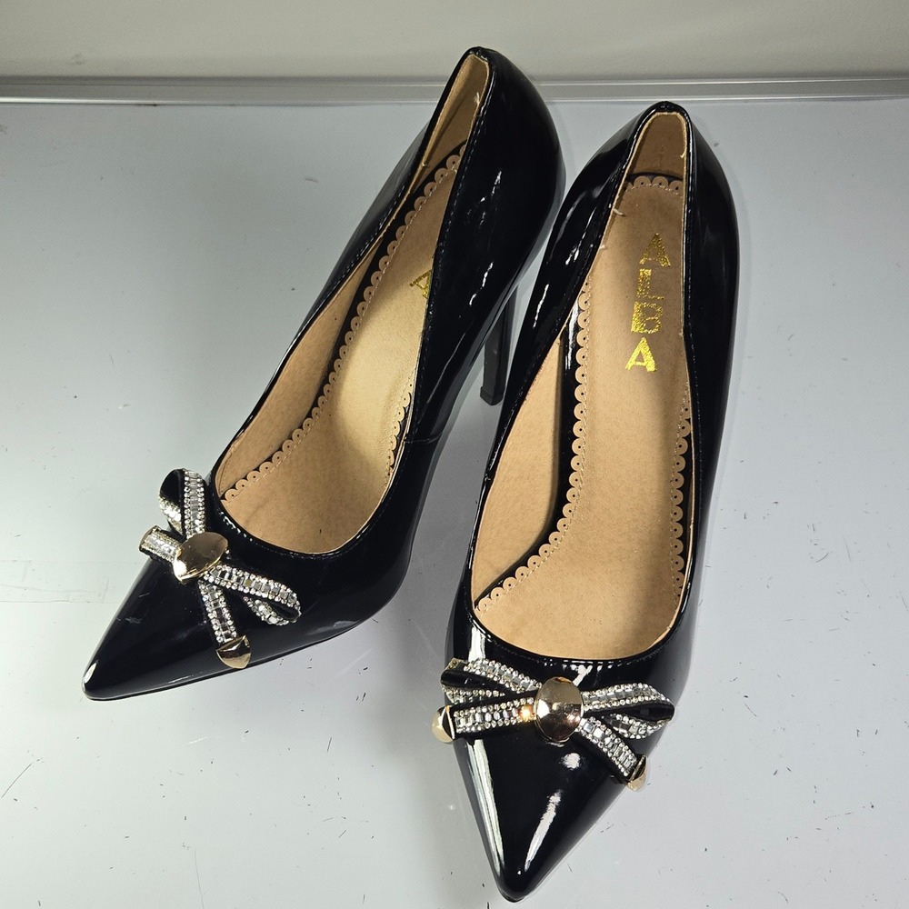 ALBA Women's Black‎ Patent Pointed Toe Stiletto Pumps with Crystal Bow Sz 9